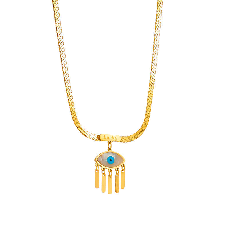 Vintage U-Shaped Snake Chain Necklace in Titanium Steel with Blue Eye Pendant and Fringe Detail