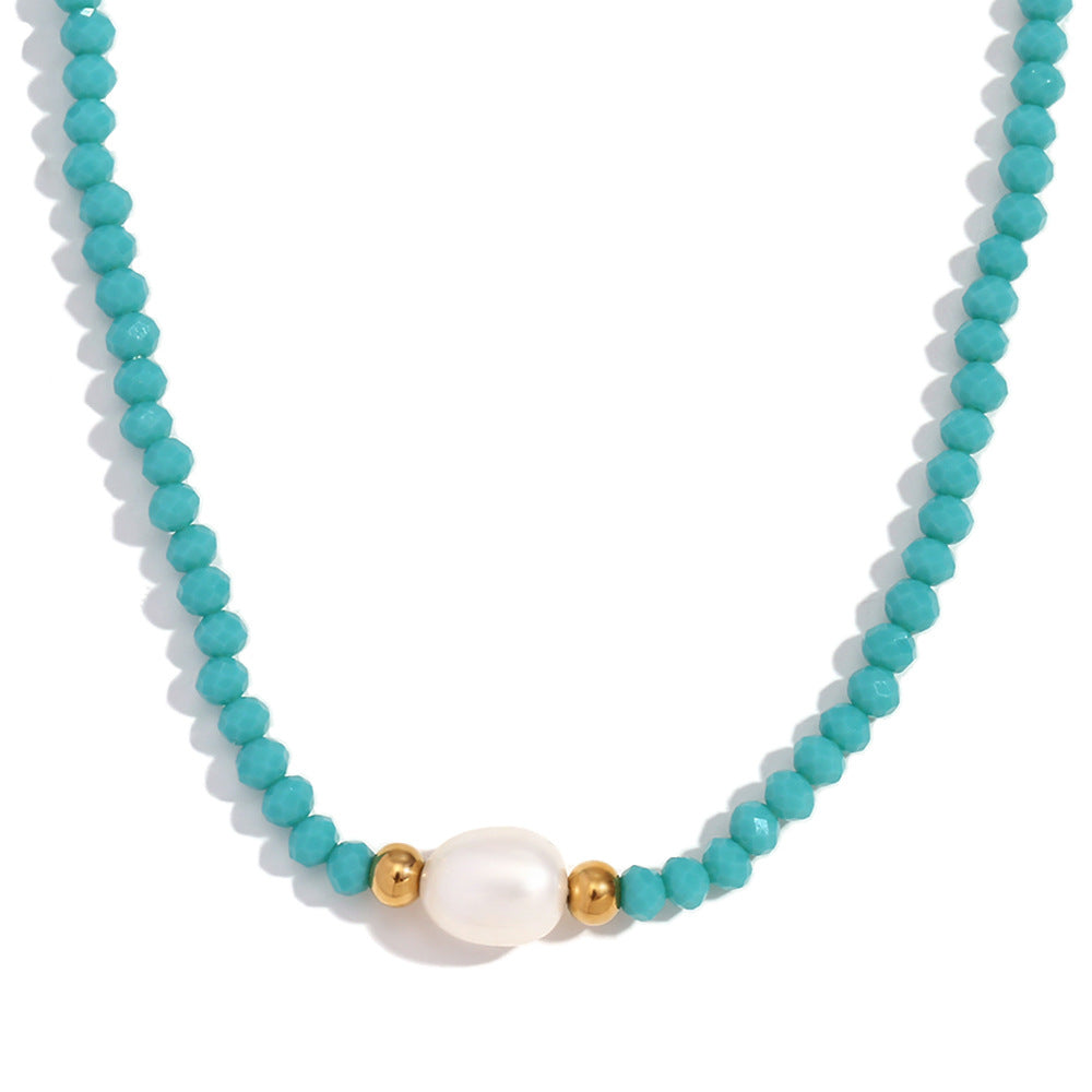 Minimalist Geometric Stainless Steel Pendant Necklace with Freshwater Pearl and Blue Crystal Beads for Women