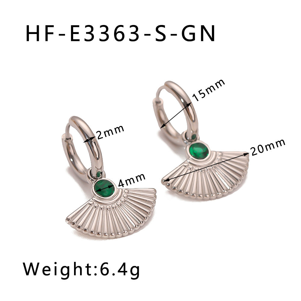 Orecchini Geometrici Vintage a Coda di Pesce a Ventaglio con Zircone Bianco e Smeraldo, Acciaio Inossidabile Placcato Oro 18K da Donna