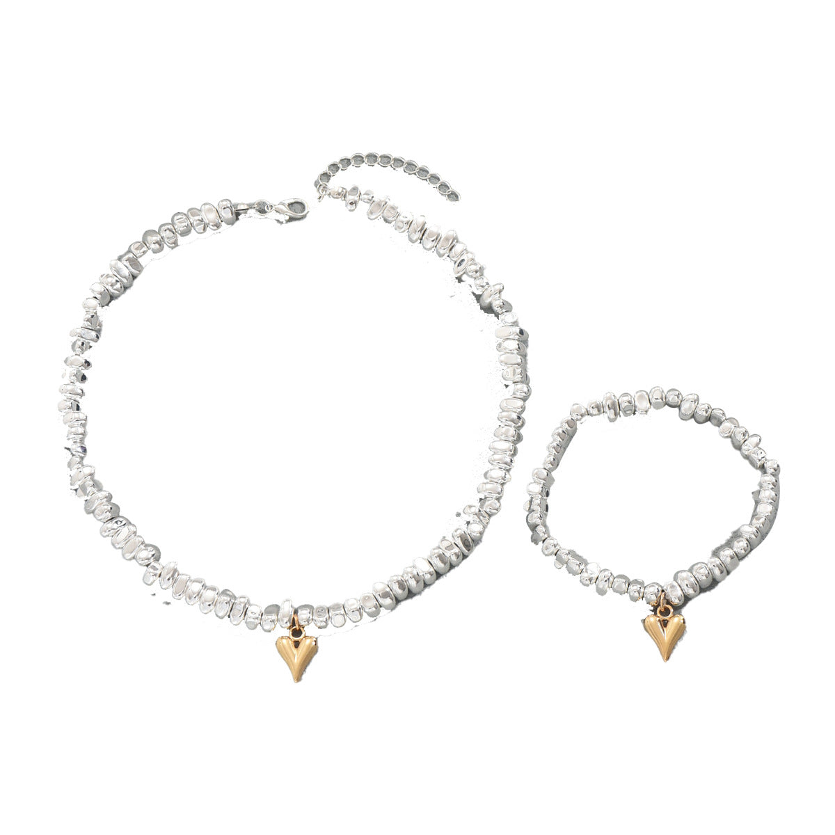 Set di collana e braccialetto da donna con ciondolo a cuore geometrico in lega e finitura placcata