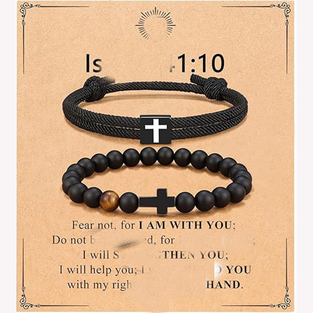 Luxury Matte Tiger's Eye Cross Pendant Beaded Bracelet Unisex Geometric Round Charm