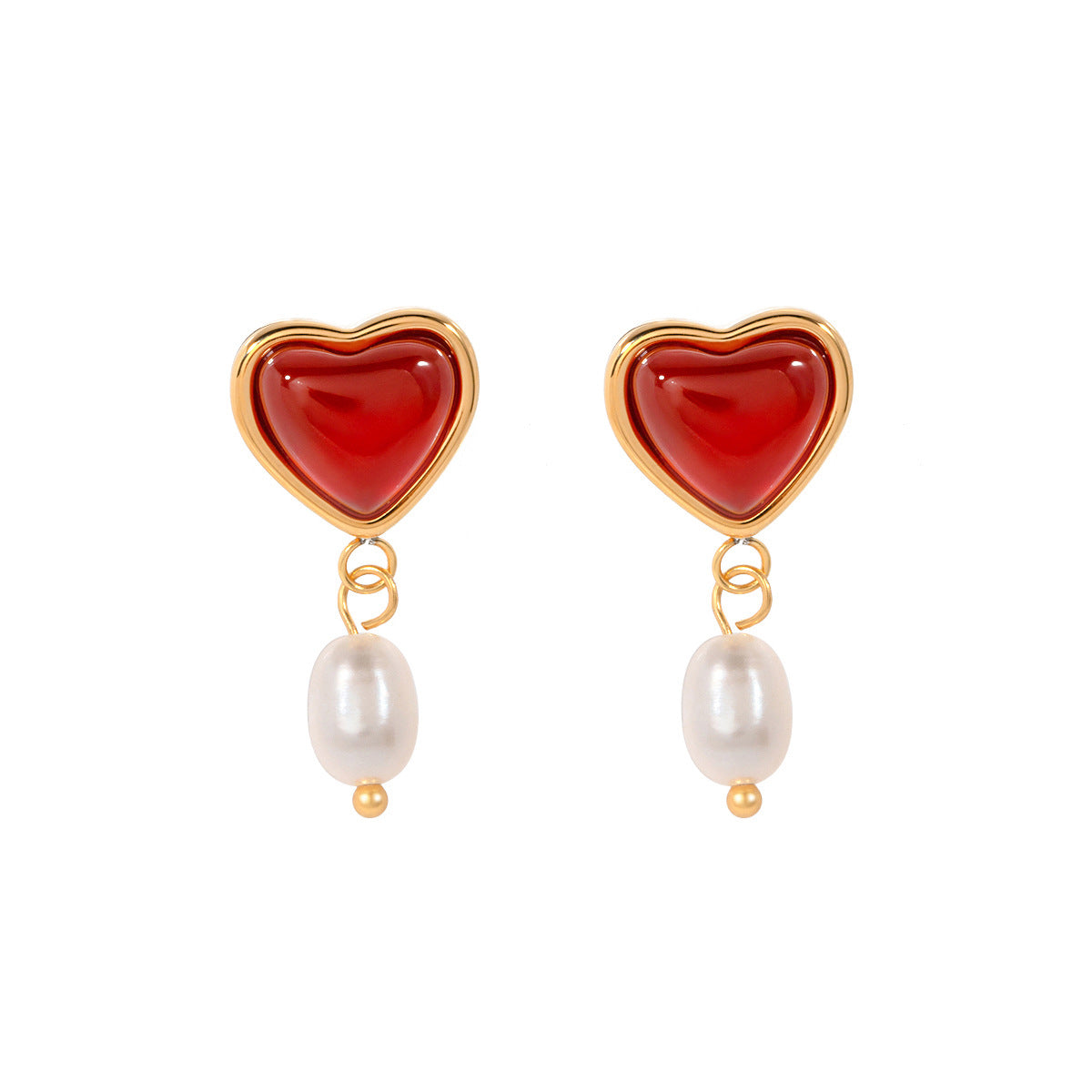 Geometric Stainless Steel Earrings with 18K Gold Plating and Red Agate Heart Inlay for Women