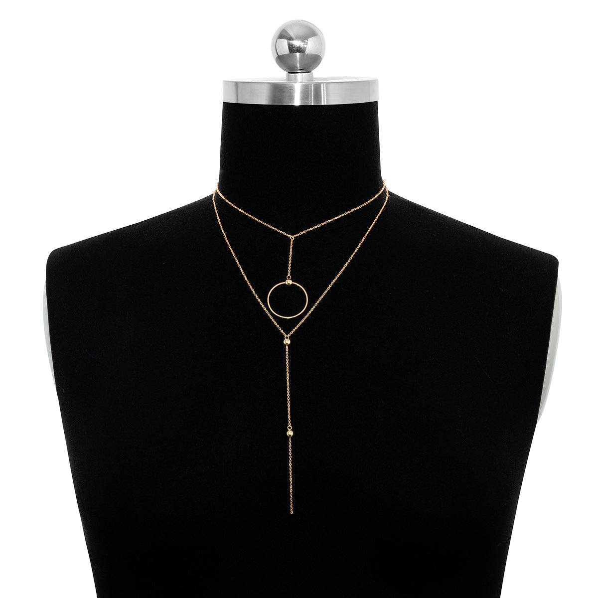 Collana da Donna Minimalista Geometrica a Doppio Strato con Cerchio in Lega e Dettagli Nappa su Catena a Maglie Incrociate