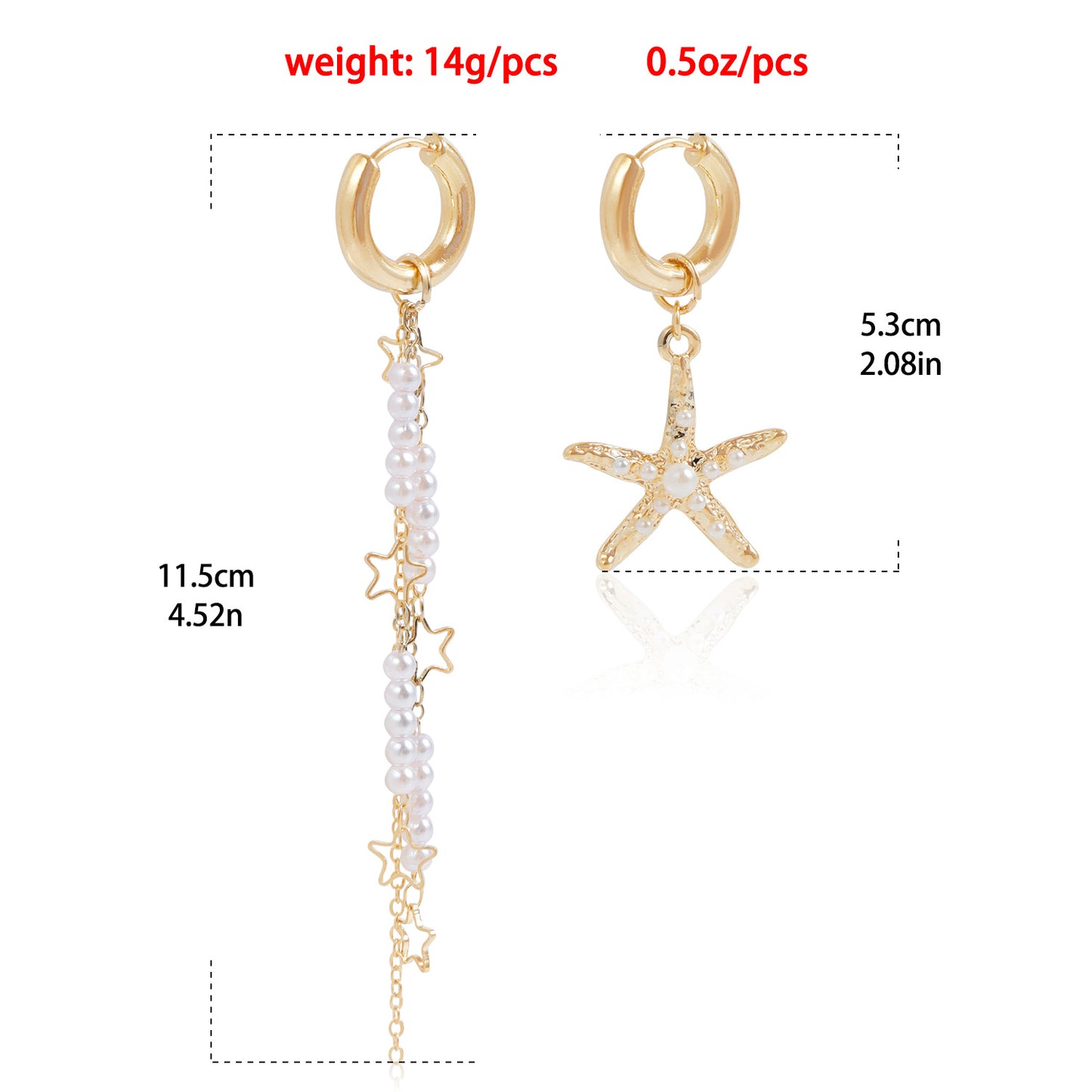 Summer Beach Vacation Style Starfish Tassel Asymmetrical Hoop Earrings for Women with Metal Base and Plated Finish