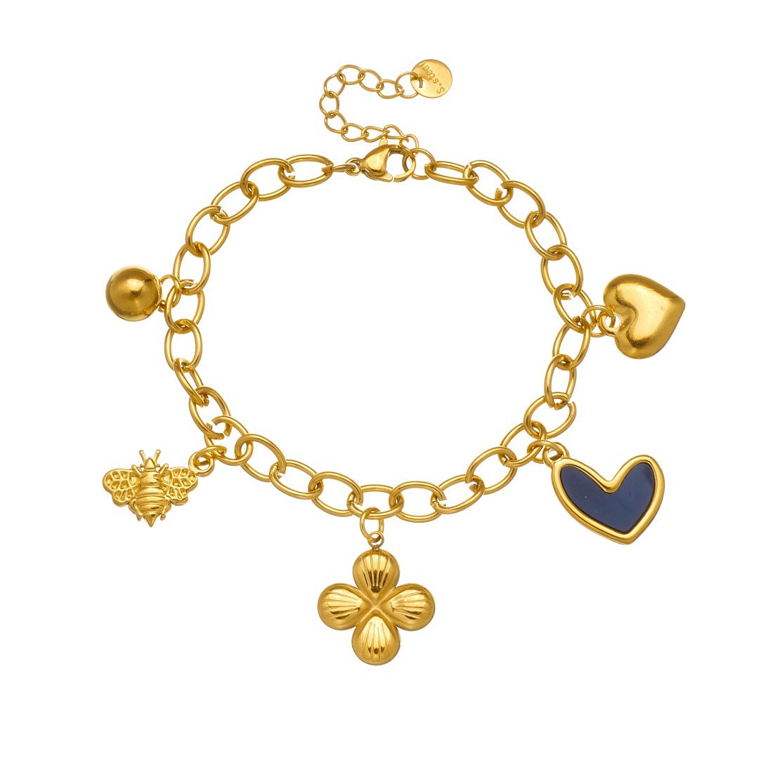 Minimalist Sweet Gold Plated Black Drip Oil Heart Floral Pendant Stainless Steel Bracelet for Women