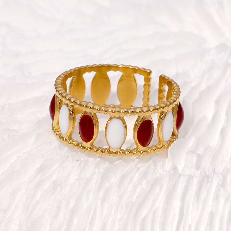 Vintage French-Style Geometric Stainless Steel Adjustable Open Ring for Women with Polished Finish and Heart-Eye Motif