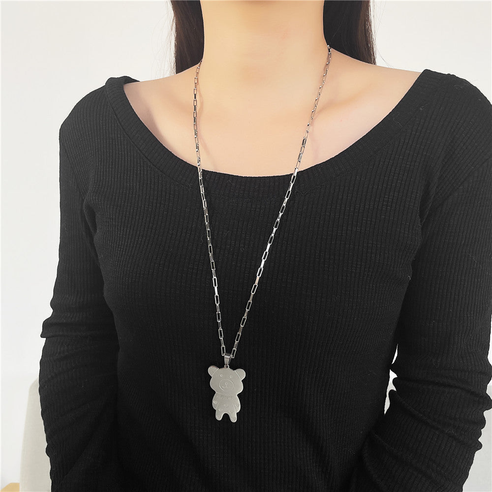 Fashion Casual Bear Animal Titanium Steel Plated Alloy Pendant Box Chain Necklace for Women