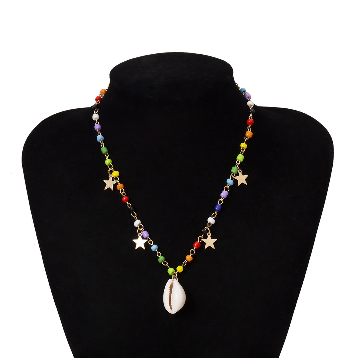 Collana Minimalista a Nappa a Forma di Stella con Finitura Galvanizzata per Donna, con Perline Colorate e Ciondolo a Conchiglia su Catena a Sfere