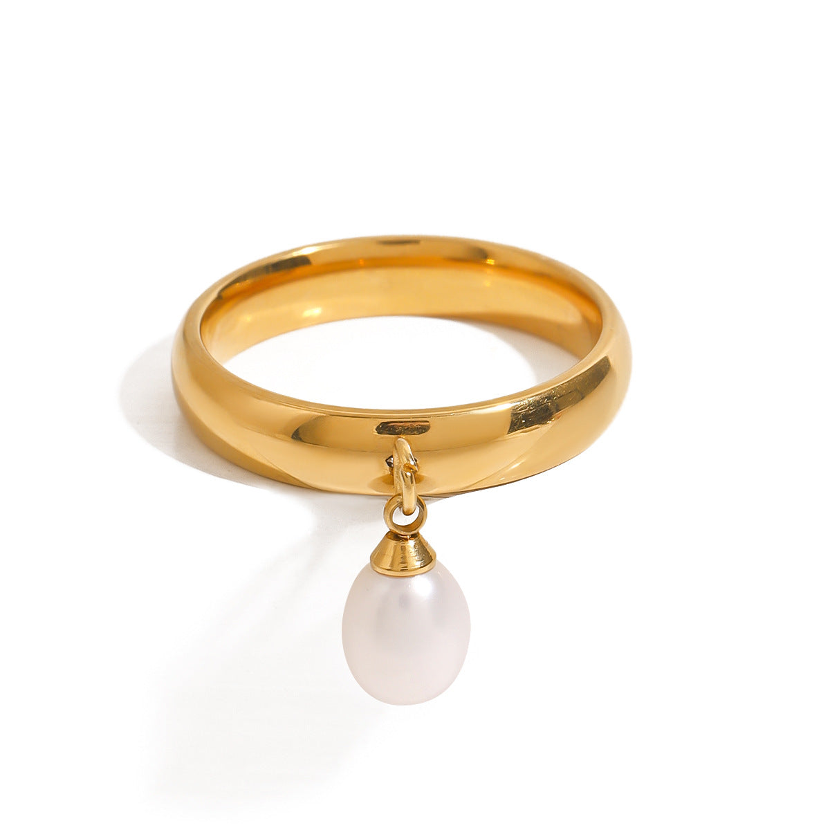 Anello geometrico minimalista in acciaio inossidabile con intarsio di perle da donna, accessorio di lusso elettroplaccato alla moda