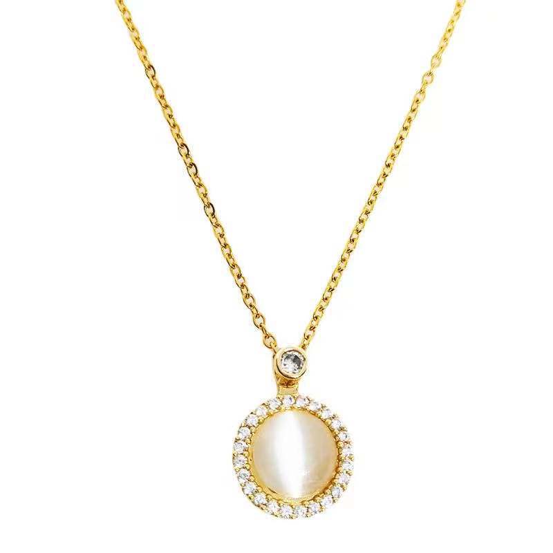 Rotating Cat's Eye Necklace for Women with Micro-Paved Zirconia, Titanium Steel Pendant on Wavy Chain, Geometric Design with Plated Finish