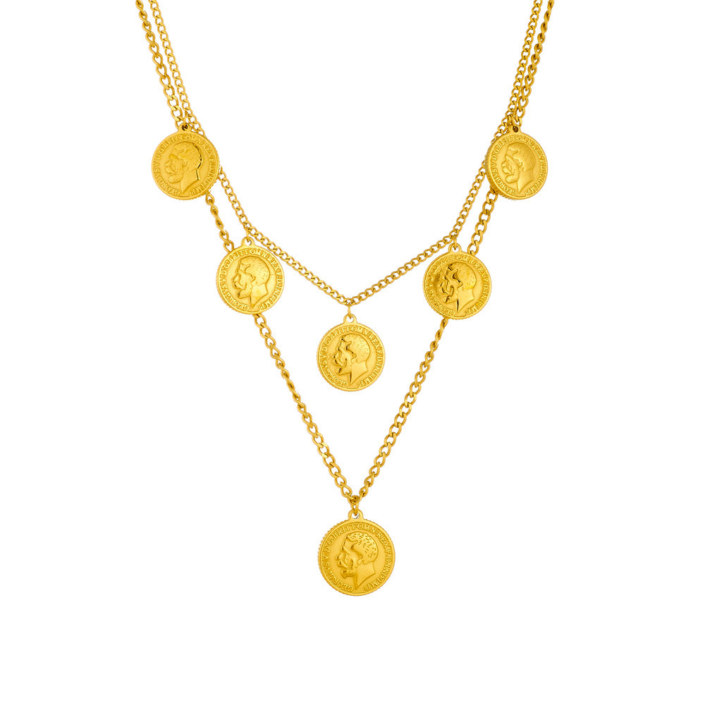 Vintage Geometric Stainless Steel Pendant Necklace for Women with Plated Finish Double-Layered Minimalist Locket Necklace