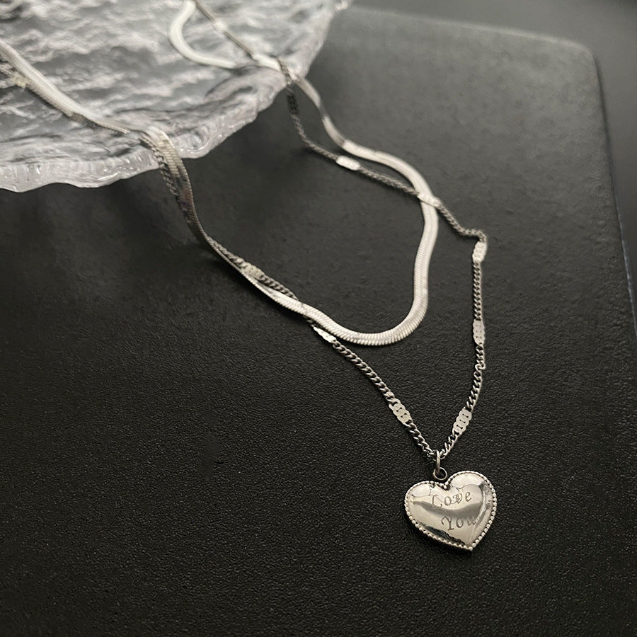 Luxury Style Double-Layer Titanium Steel LOVE Heart Pendant Necklace for Women with Gold-Plated Finish and Snake Chain
