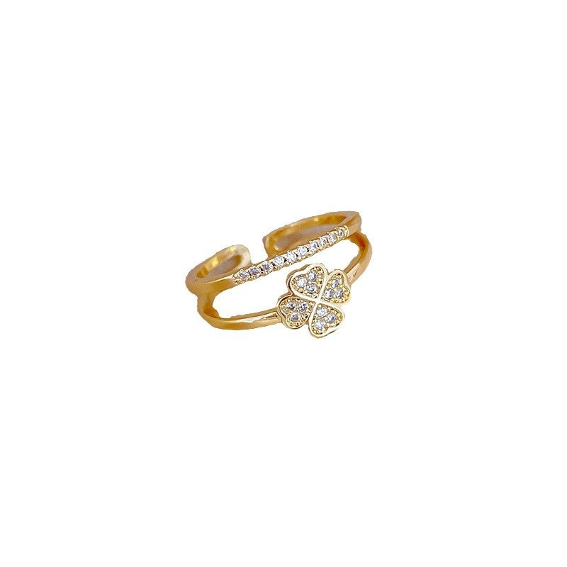 Sweet Minimalist Gold Plated Brass Floral Ring with Rhinestones Adjustable Open Band for Women and Couples