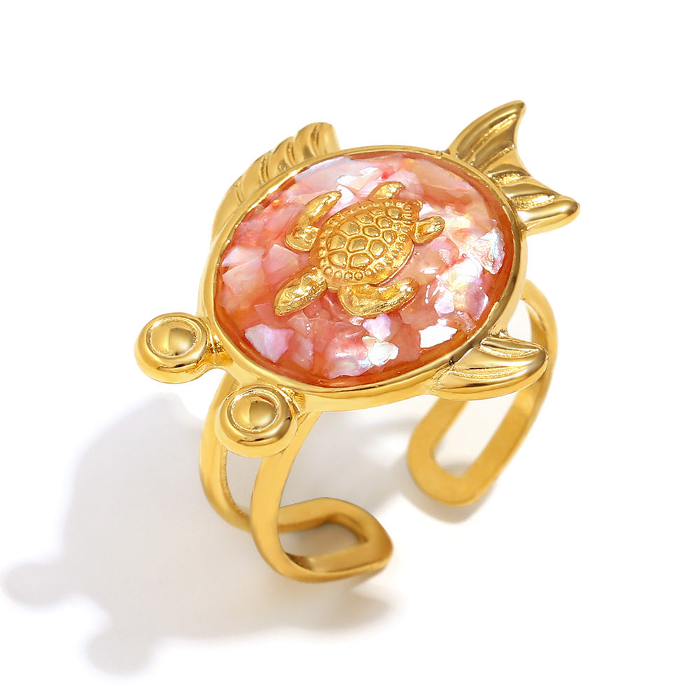 Fashion Geometric Stainless Steel Ring with 18K Gold Plating Featuring Crossed Lines Fishbone Floral Crab and Turtle Motifs