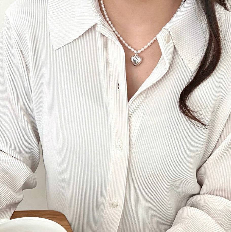 Minimalist Heart-Shaped 925 Sterling Silver Necklace with Pearl Accent and Gold Plating