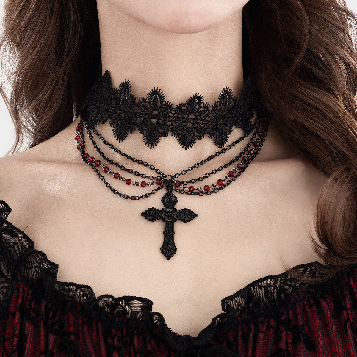 Punk Geometric Cross Alloy Pendant Crystal Beaded Choker Necklace with Tassel for Women