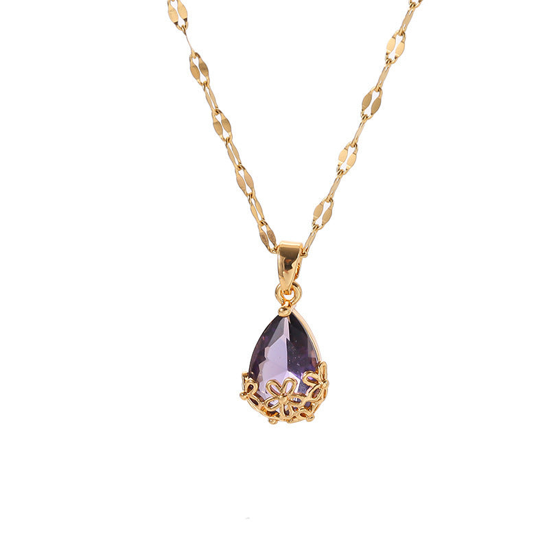 Collana con ciondolo a goccia geometrico minimalista da donna in acciaio al titanio con strass intarsiati stile bohémien