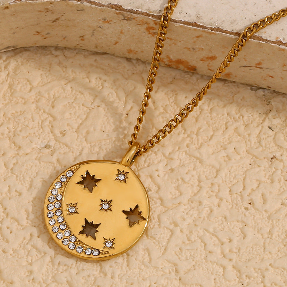 Collana con pendente geometrico minimalista a forma di luna e ottagramma da donna in acciaio inossidabile placcato oro 18 carati