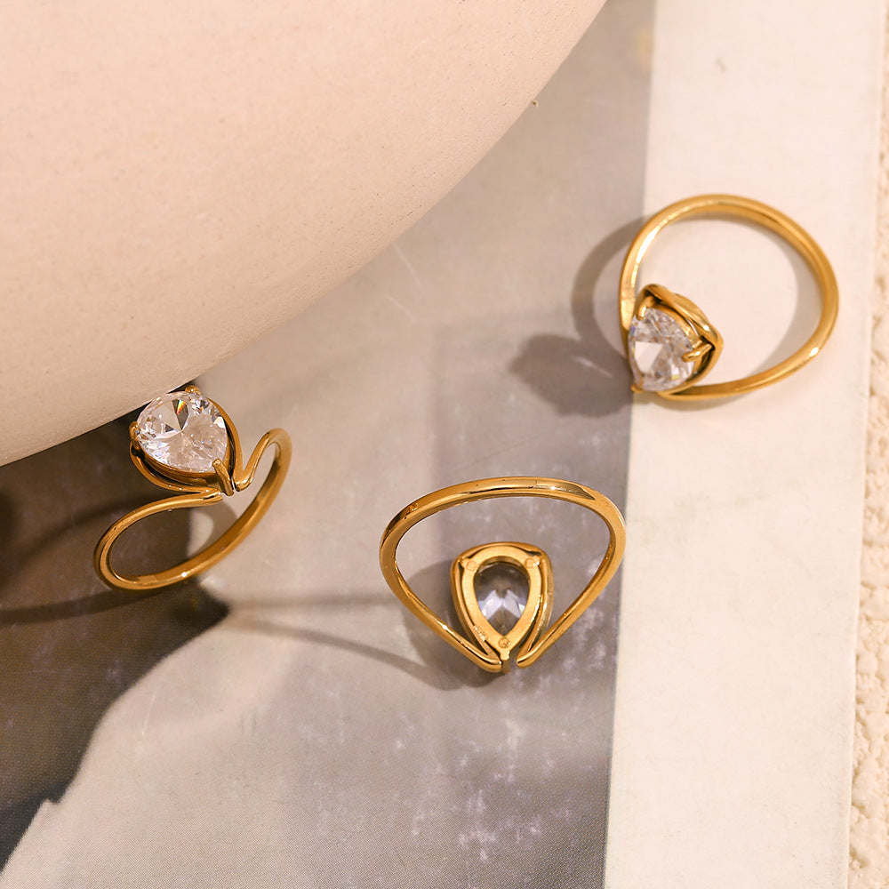 Minimalist Geometric Stainless Steel Ring with 18K Gold Plating and White Zirconia for Women