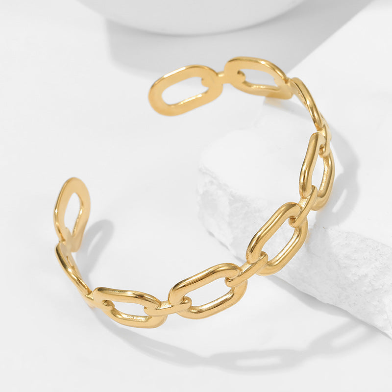 Minimalist Titanium Steel Open Bangle Bracelet for Women with Plated Finish and Chain Detail