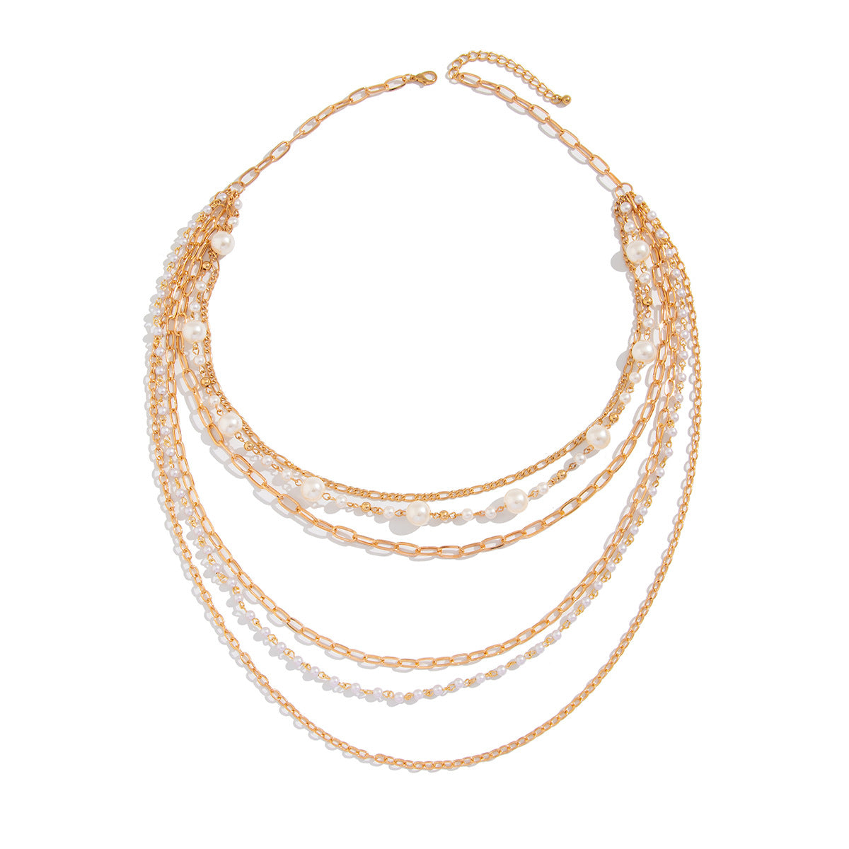 Collar largo de perlas de imitación con diseño geométrico y cadena cruzada electrochapada para mujer