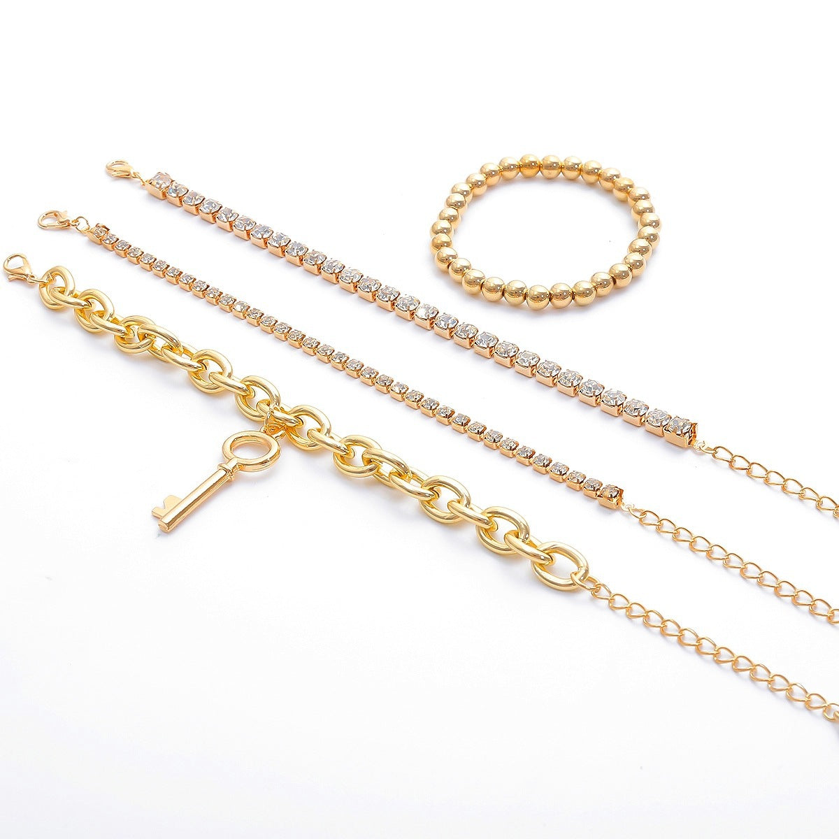 Vintage Punk Geometric Rhinestone Plated Alloy Cable Chain Bracelet Set for Women