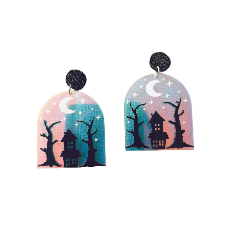 Pendientes de acrílico con diseño de casa de terror, árbol, luna y estrella, estilo dibujo animado, para Halloween