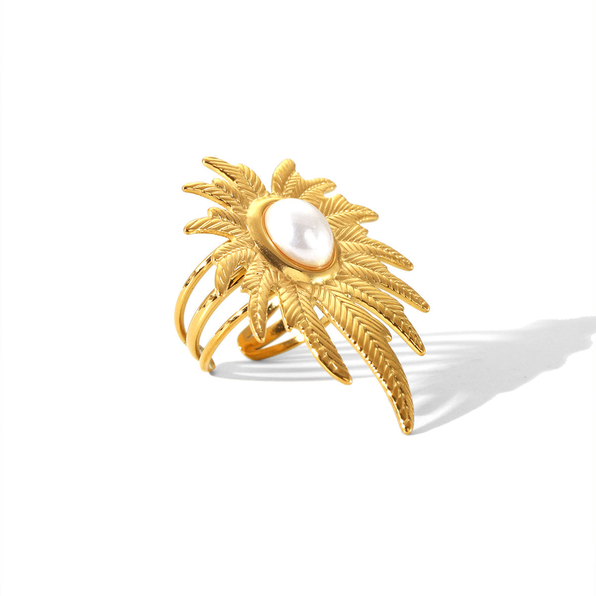 Ins Style Leaf Texture Stainless Steel Open Ring for Women with Pearl Accents