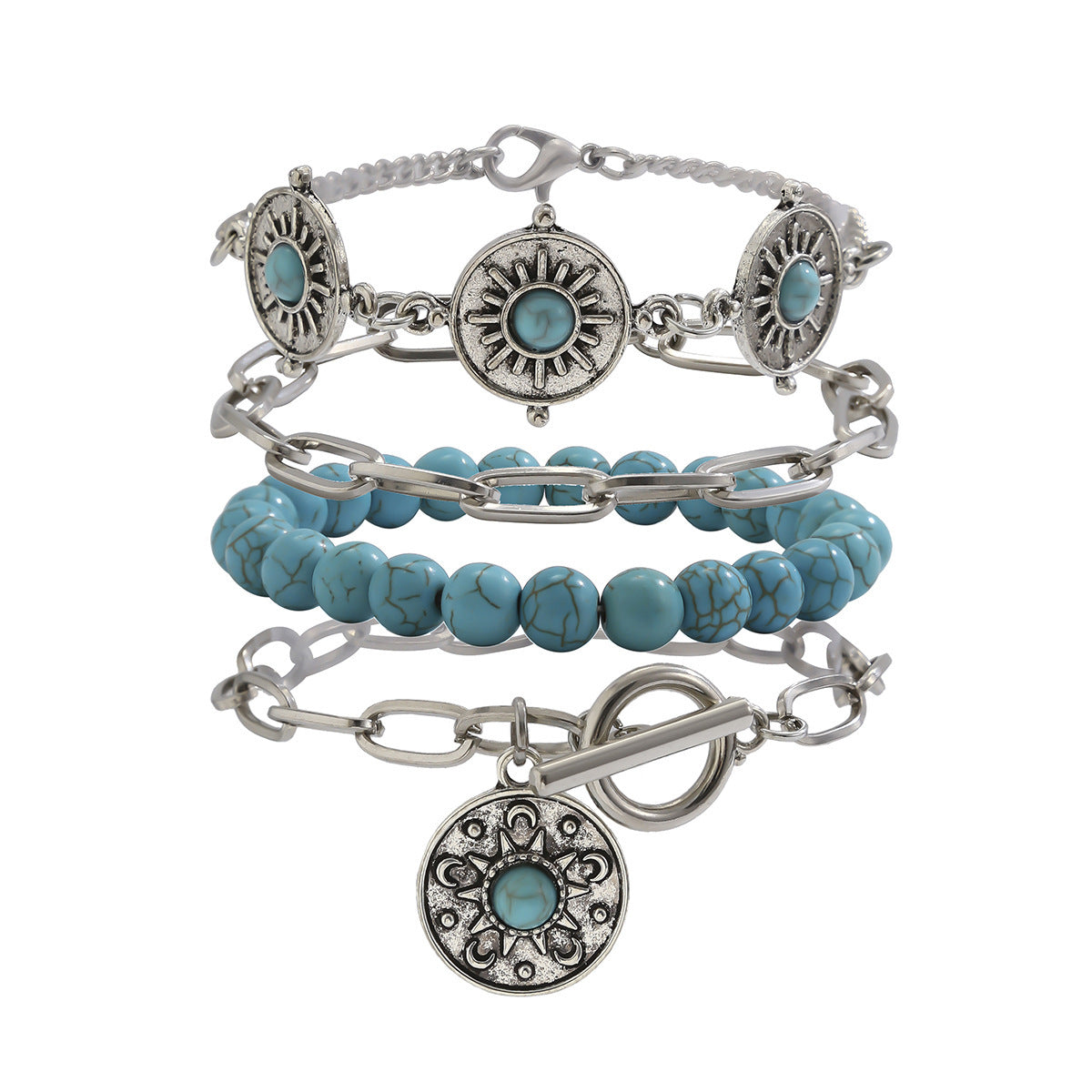 Plated Alloy Curb Chain Bracelet Set with Turquoise for Women
