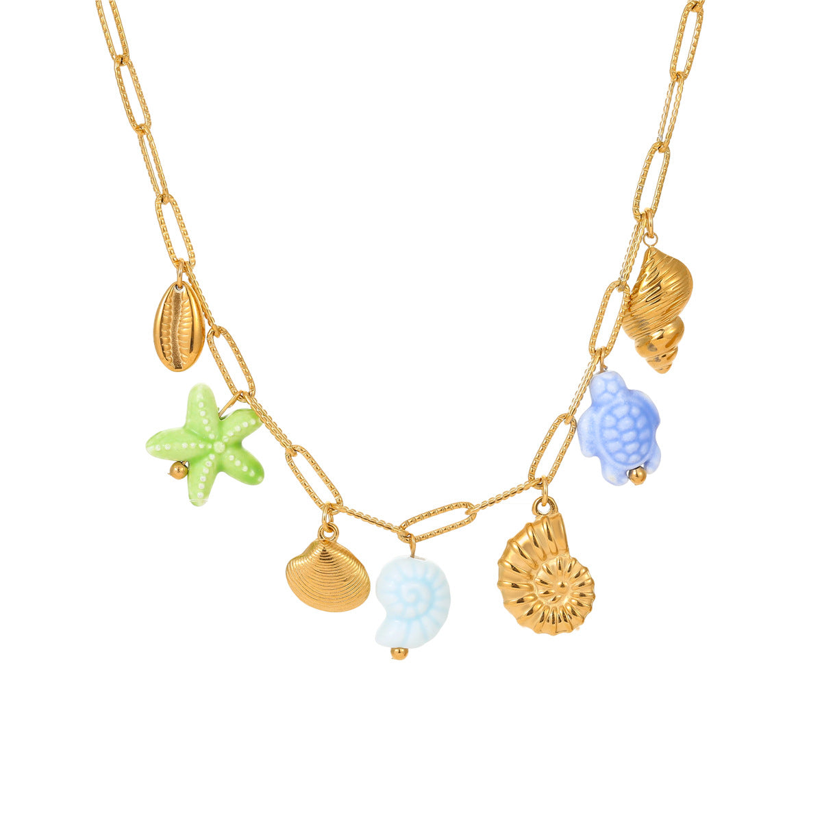 Minimalist Ocean-Inspired Tassel Multi-Pendant Necklace with Starfish and Shell Charms in Stainless Steel with Plated Finish