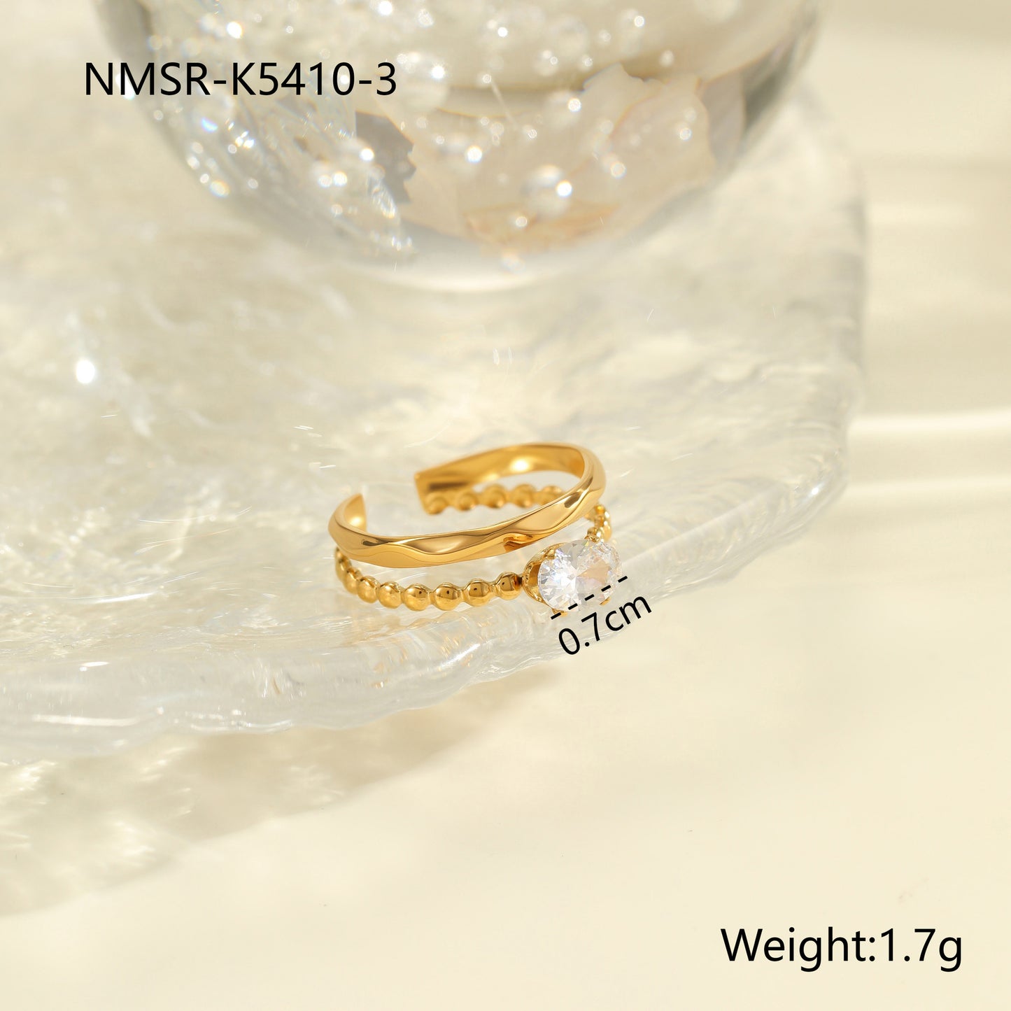 Luxury Geometric Stainless Steel Ring with Zircon Inlay and 18K Gold Plating Adjustable Women's Fashion Ring