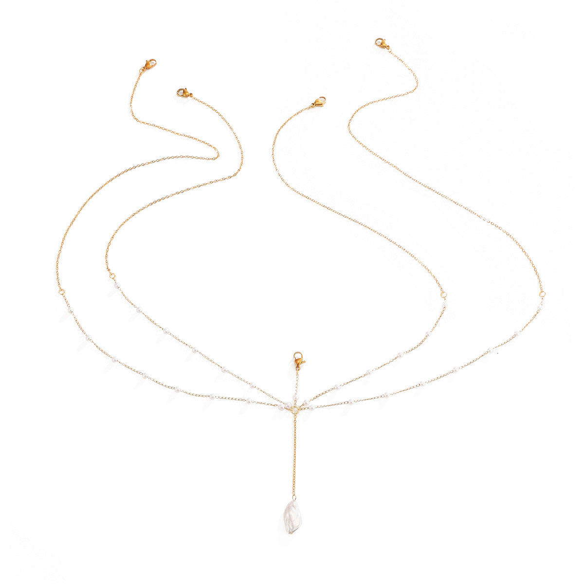 Bohemian Geometric Stainless Steel Body Chain with Faux Pearl PVD 18K Gold Plated Double Layer
