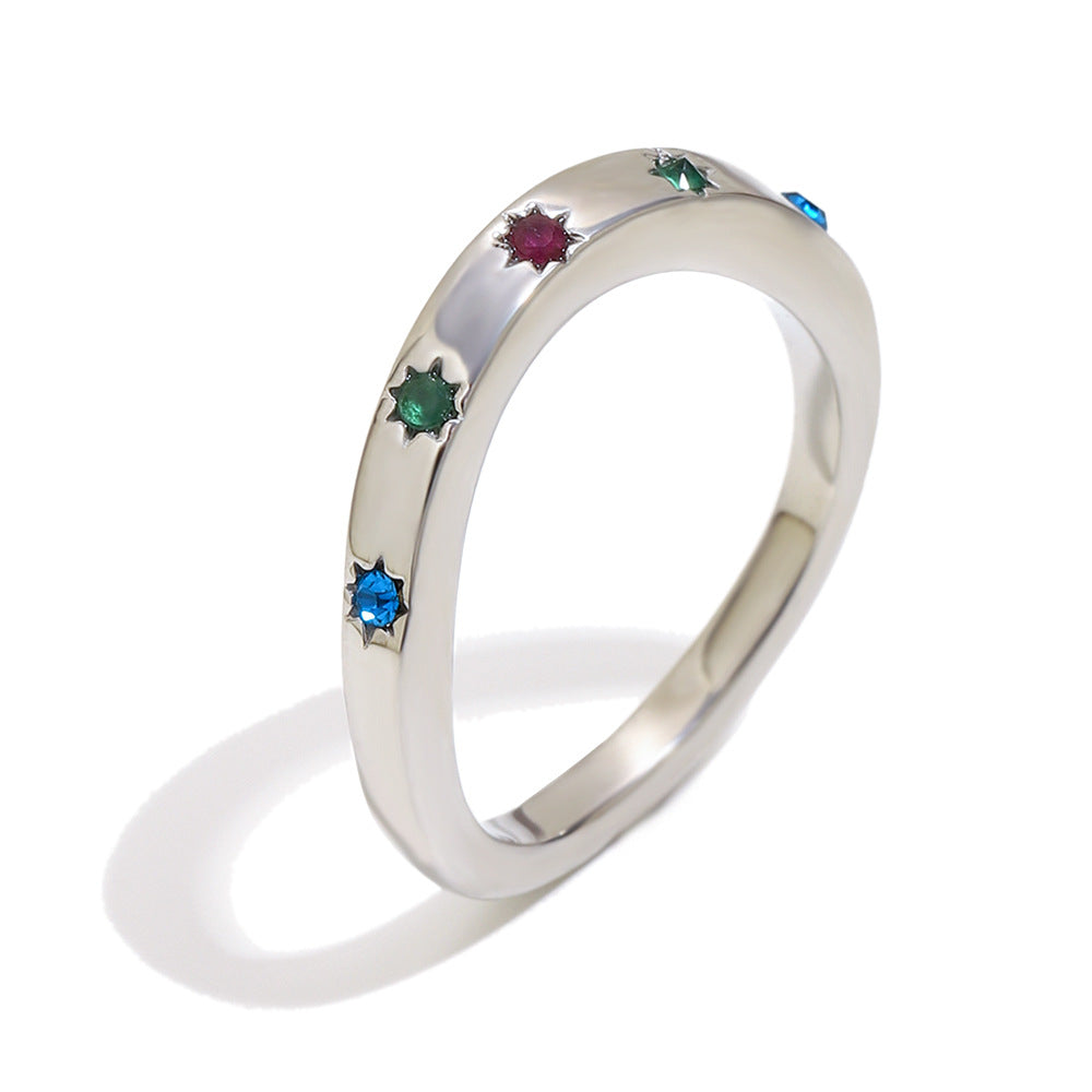 Minimalist Geometric Stainless Steel Plated 18K Gold Eight-Pointed Star Ring for Women with Colorful Rhinestone Inlay