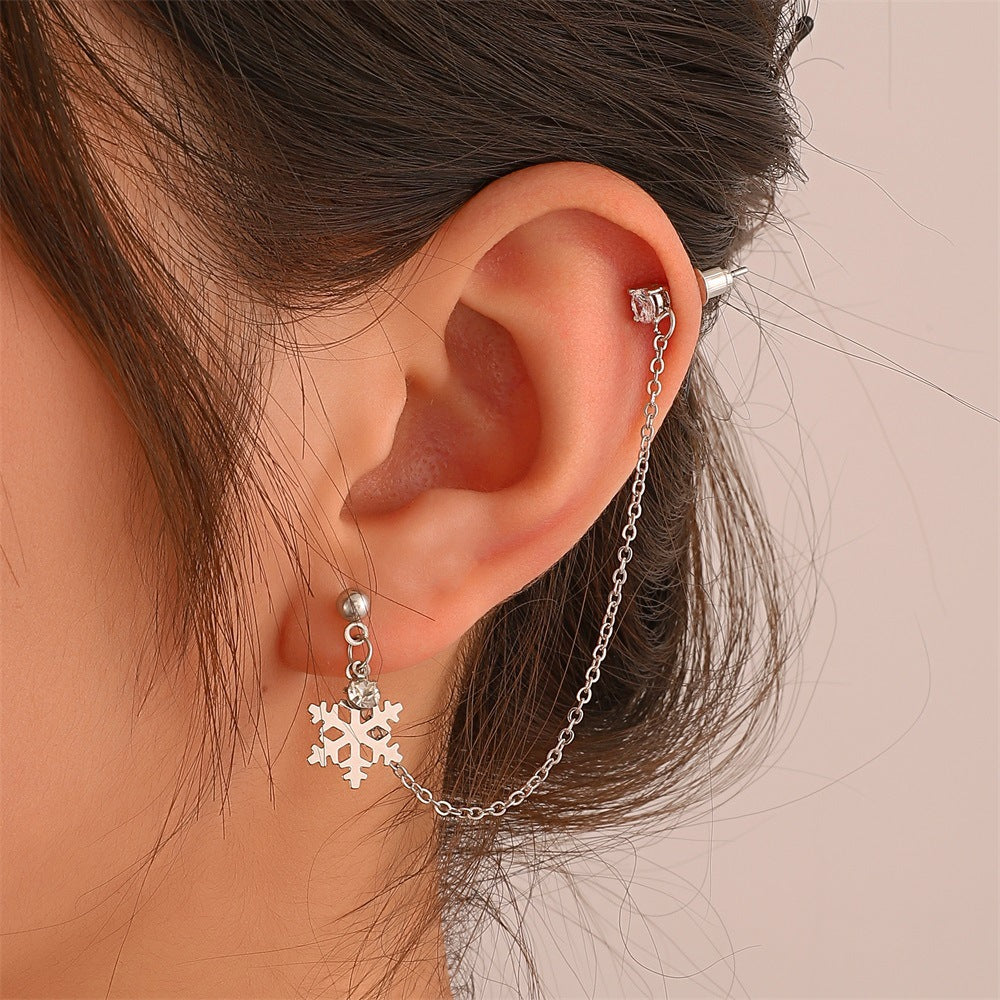 Orecchini con catena lunga ispirati a fiocchi di neve geometrici, con strass intarsiati in lega, da donna