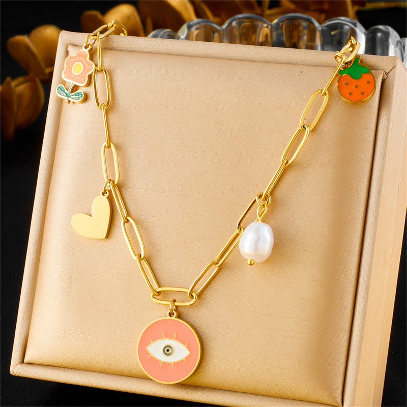 Fashion Colorful Drip Oil Flower Butterfly Eye Pendant Stainless Steel Cable Chain Necklace for Women