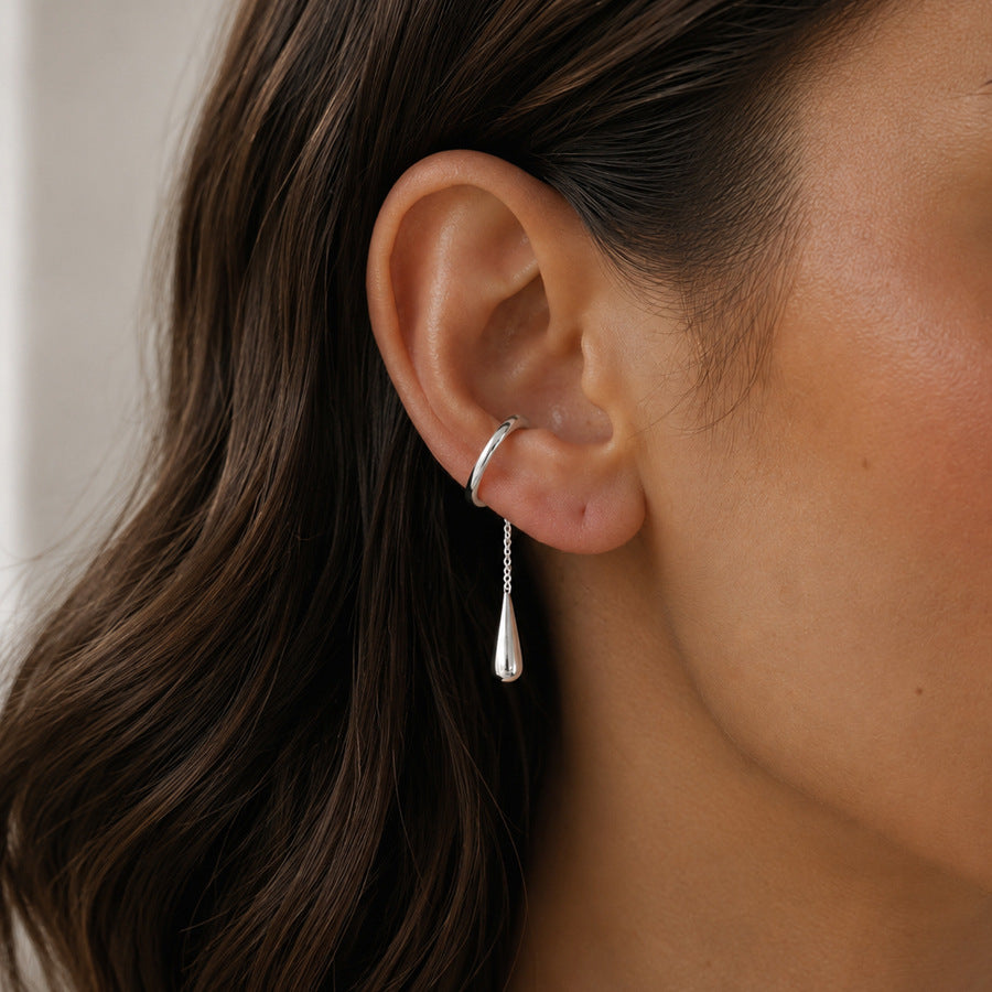 Minimalist Teardrop Stainless Steel PVD Plated C-Shaped Ear Cuff with Tassel Chain
