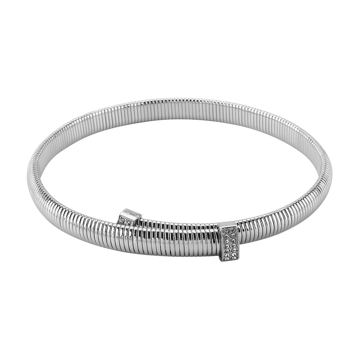 Parure collana girocollo e bracciale da donna con catena a serpente geometrica minimalista, base in ferro e intarsio di strass