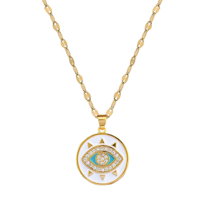 Collana pendente a occhio geometrico in acciaio al titanio di lusso da donna con finitura placcata, catena delicata per la clavicola per banchetti nuziali ed eventi formali
