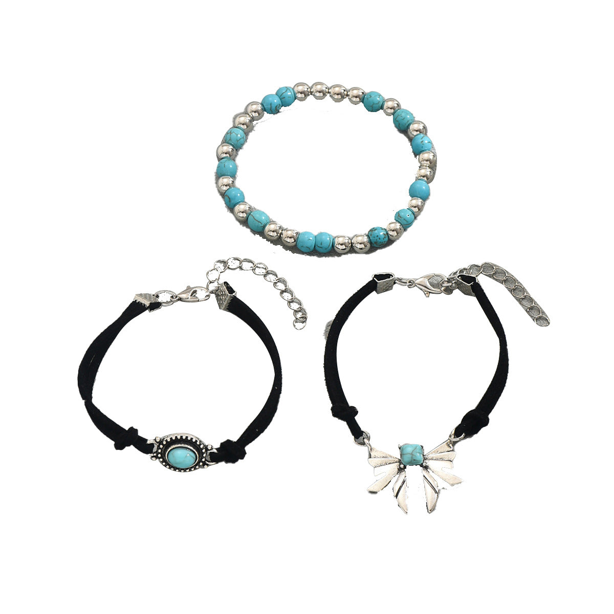 Vintage Geometric Butterfly Turquoise Bracelet Set for Women Zinc Alloy Handcrafted Bangle Trio