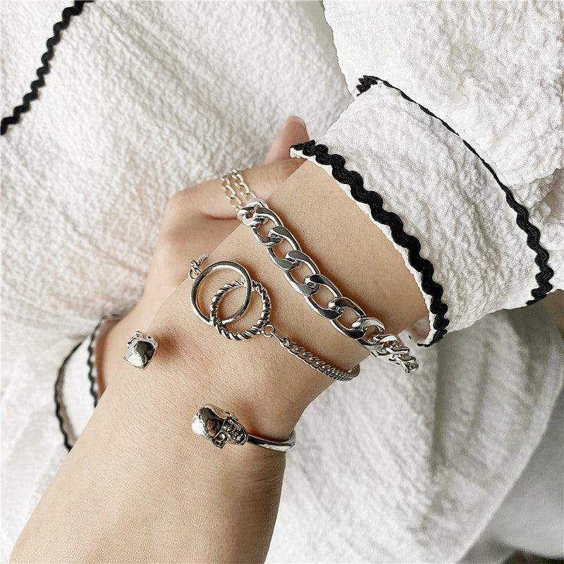 Minimalist Geometric Alloy Bracelet Set with Plated Finish for Women Featuring Skull and Bold Hip-Hop Design