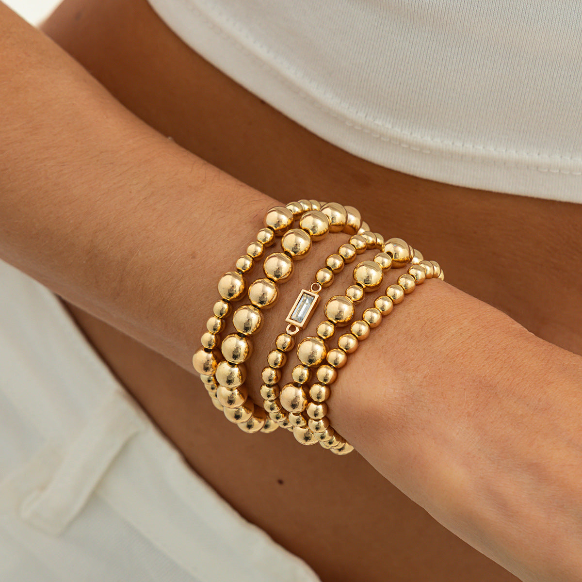 Minimalist Geometric Round Acrylic Plated Rhinestone Beaded Stretch Bracelet for Women