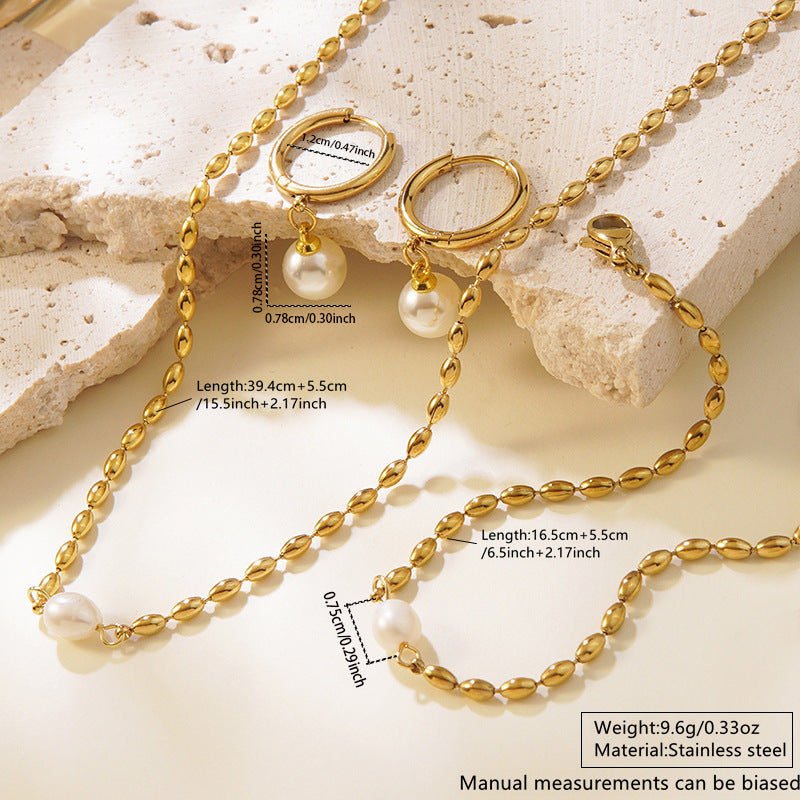 Elegante Set di Gioielli in Acciaio Inossidabile Placcato Oro 18K con Perle e Forme Geometriche da Donna