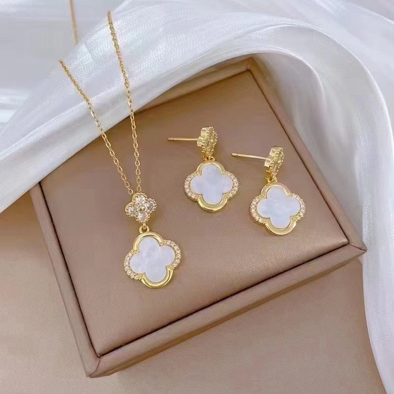 Luxury Style Clover-Shaped Titanium Steel Necklace and Earrings Set with Micro-Pavé Setting for Women and Men