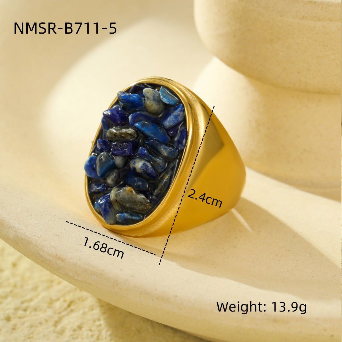 Anillo de Acero Inoxidable Geométrico Minimalista Vintage con Incrustaciones de Piedra Natural Bañado para Mujer