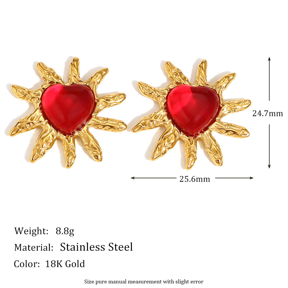 Collana da donna alla moda minimalista a forma di cuore in acciaio inossidabile placcato oro 18 carati con agata rossa e design a raggiera