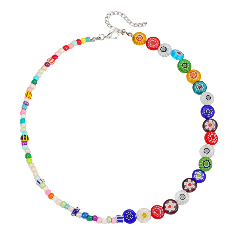 Unique Geometric Round Murano Glass Bead Stainless Steel Plated Alloy Pendant Multi-layer Cable Chain Necklace for Women