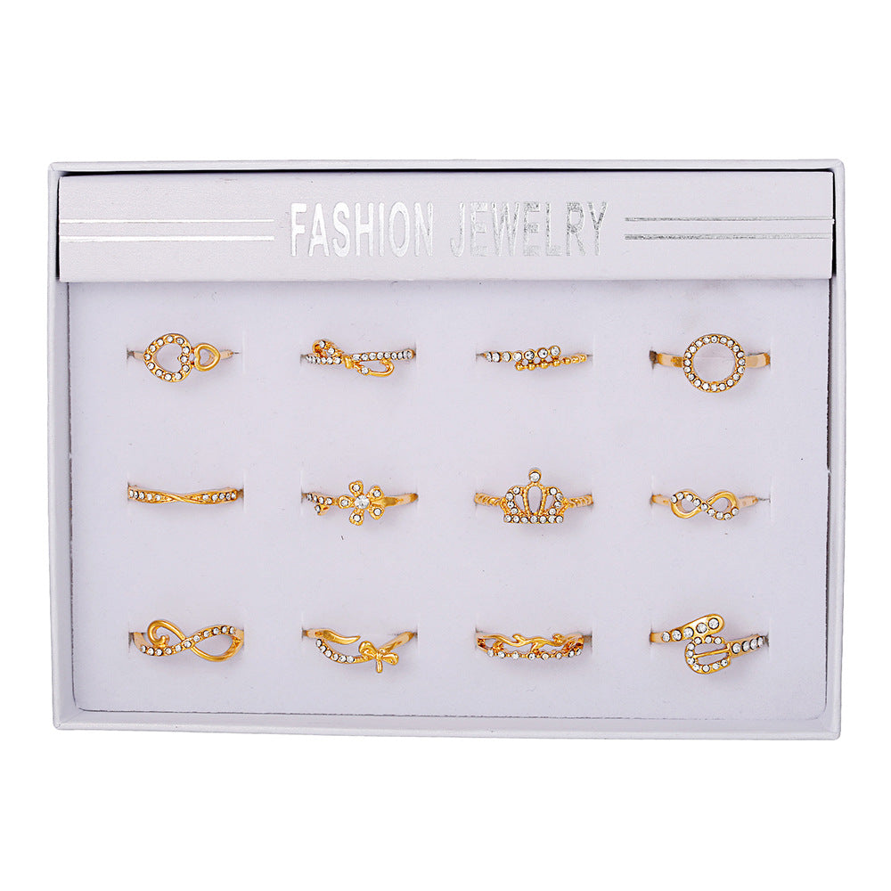 Geometric Alloy Plated Ring Set with Rhinestone and Pearl Floral Design for Women