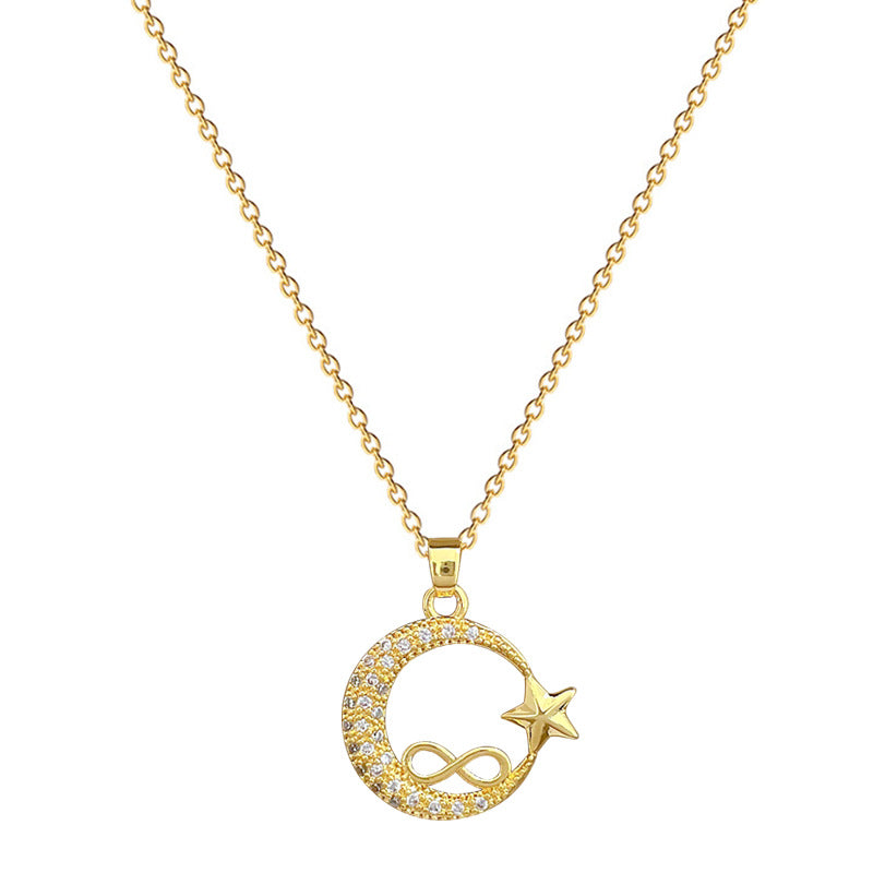 Collana con pendente a stella e luna in strass di lusso per donna in acciaio al titanio, catena sottile per clavicola, design geometrico