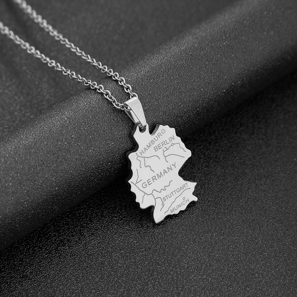Moderno collar con colgante de mapa geométrico de Alemania en acero inoxidable con dije de acero de titanio, cadena O-Ring galvanizada, estilo unisex