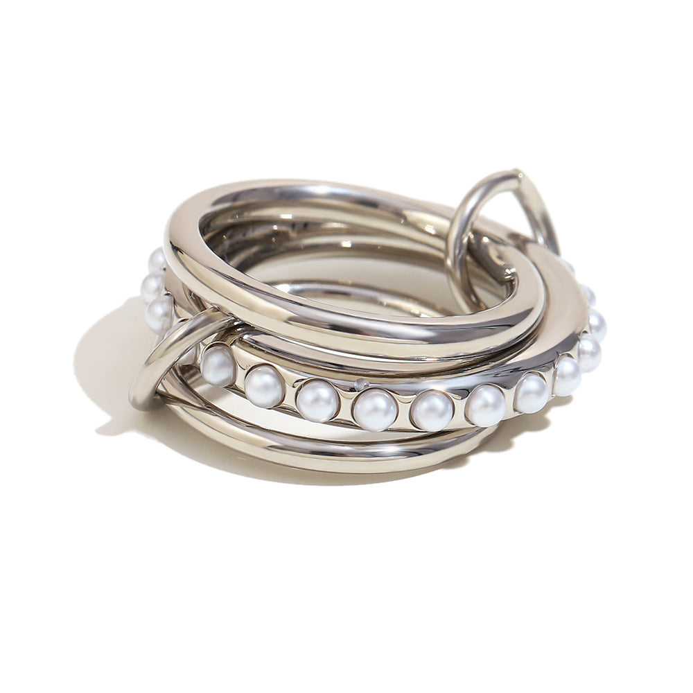 Minimalist Geometric Stainless Steel Ring Set with 18K Gold Plating and Simulated Pearl Accents for Women
